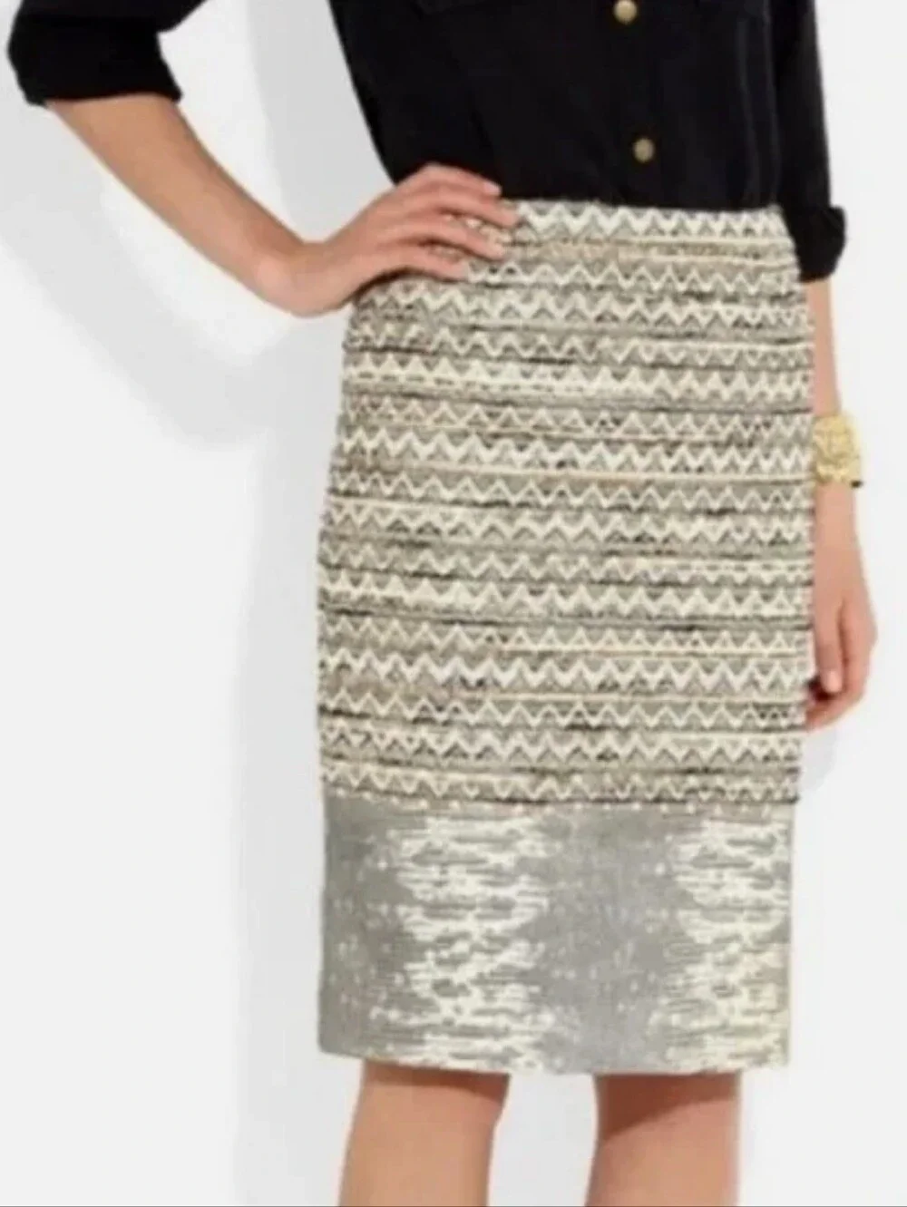 Tory Burch Leather & Tweed Eth Metallic Hem Pencil Skirt - Silver & Black Size 2
